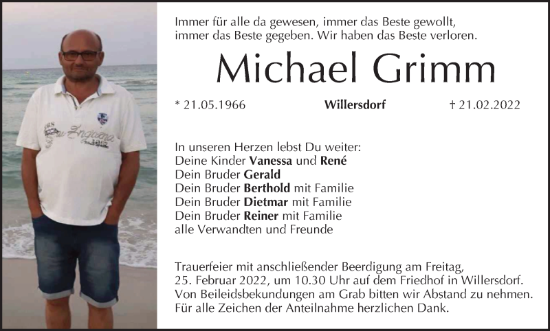  Traueranzeige für Michael Grimm vom 23.02.2022 aus MGO