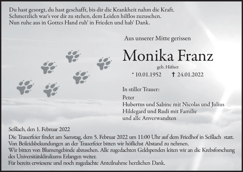  Traueranzeige für Monika Franz vom 01.02.2022 aus MGO