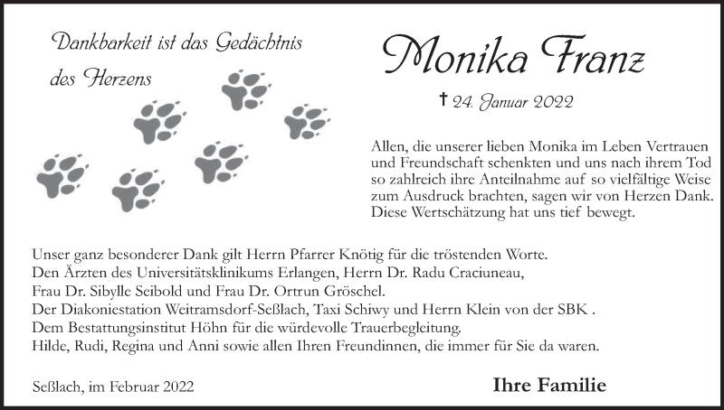  Traueranzeige für Monika Franz vom 26.02.2022 aus MGO