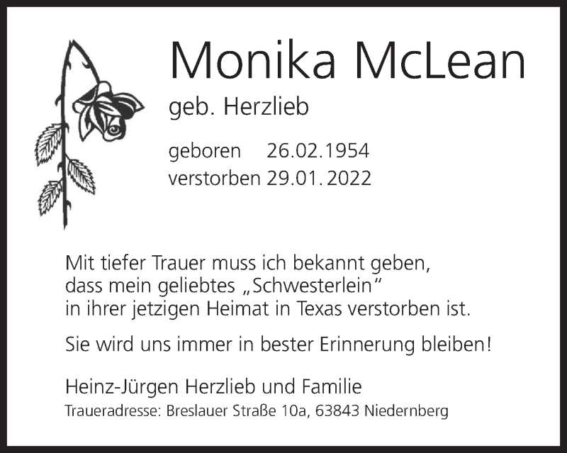  Traueranzeige für Monika McLean vom 05.02.2022 aus MGO