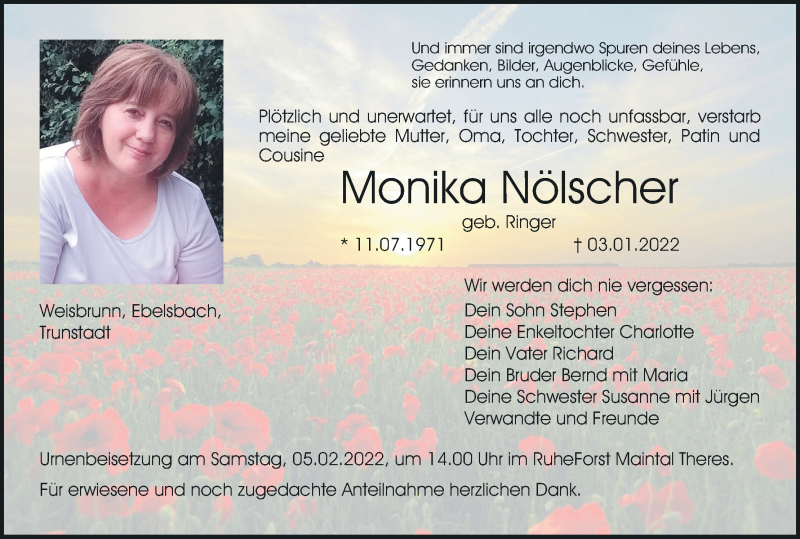  Traueranzeige für Monika Nölscher vom 02.02.2022 aus MGO