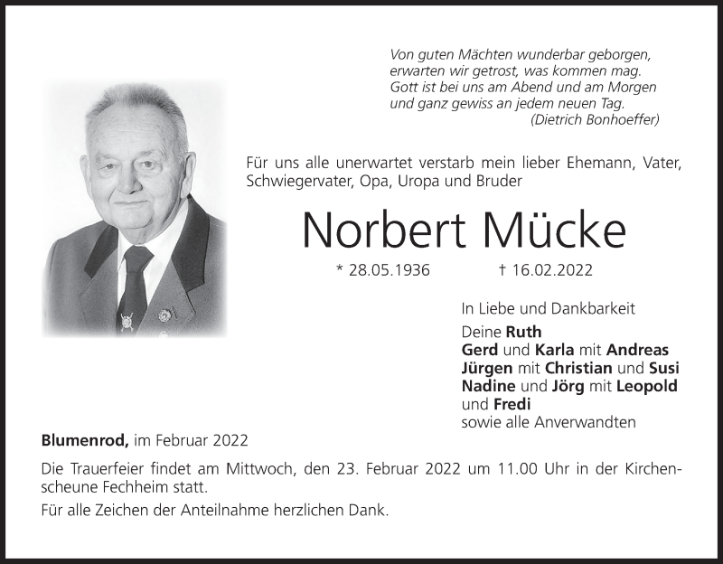  Traueranzeige für Norbert Mücke vom 19.02.2022 aus MGO