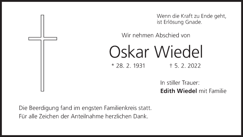  Traueranzeige für Oskar Wiedel vom 19.02.2022 aus MGO
