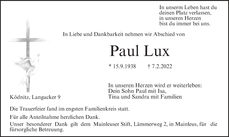  Traueranzeige für Paul Lux vom 25.02.2022 aus MGO