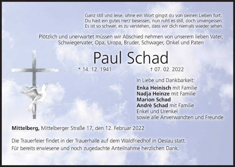  Traueranzeige für Paul Schad vom 12.02.2022 aus MGO
