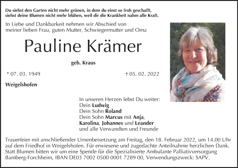  Traueranzeige für Pauline Krämer vom 12.02.2022 aus MGO