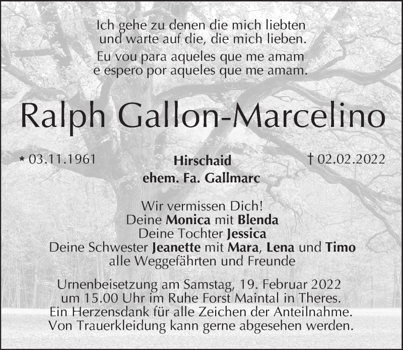  Traueranzeige für Ralph Gallon-Marcelino vom 12.02.2022 aus MGO
