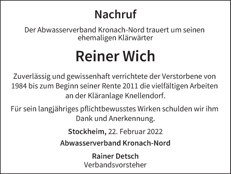  Traueranzeige für Reiner Wich vom 22.02.2022 aus MGO