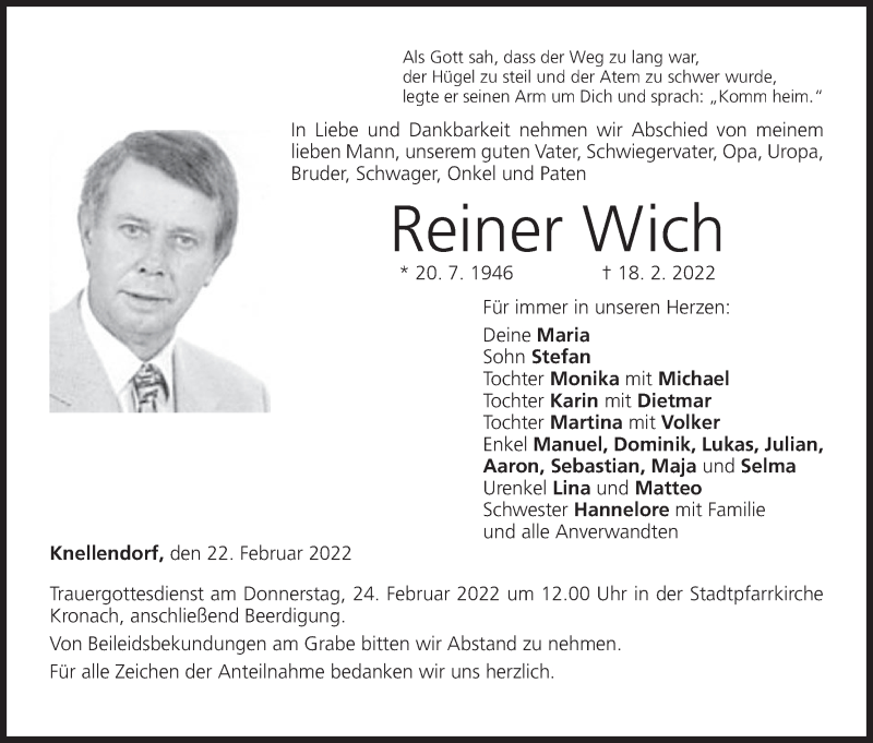  Traueranzeige für Reiner Wich vom 22.02.2022 aus MGO