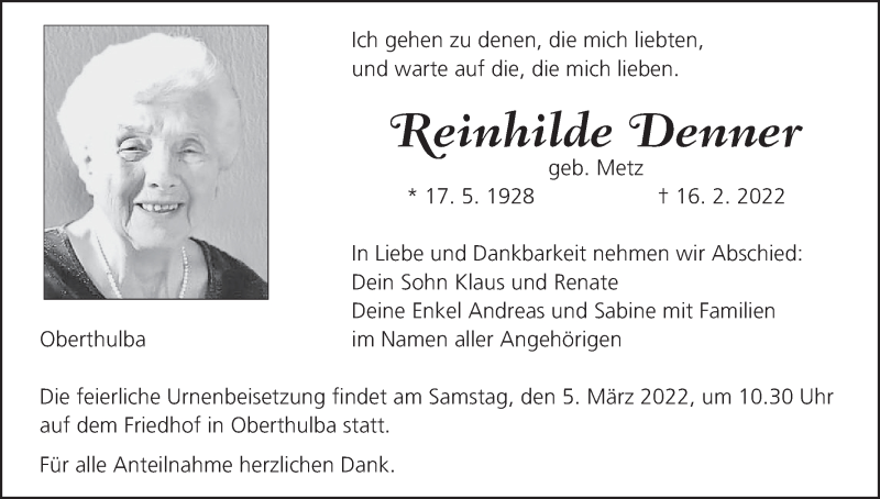  Traueranzeige für Reinhilde Denner vom 26.02.2022 aus MGO