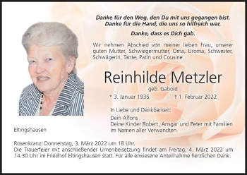 Anzeige von Reinhilde Metzler von MGO