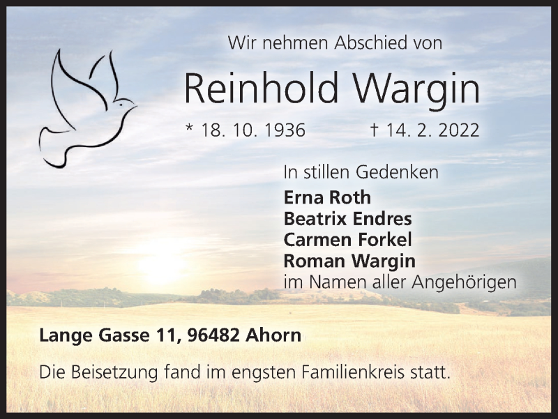  Traueranzeige für Reinhold Wargin vom 19.02.2022 aus MGO