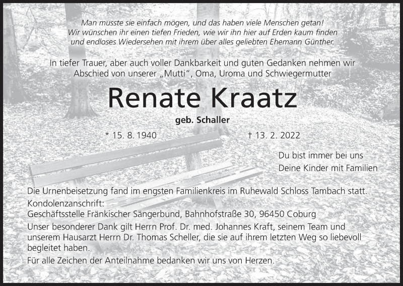  Traueranzeige für Renate Kraatz vom 26.02.2022 aus MGO