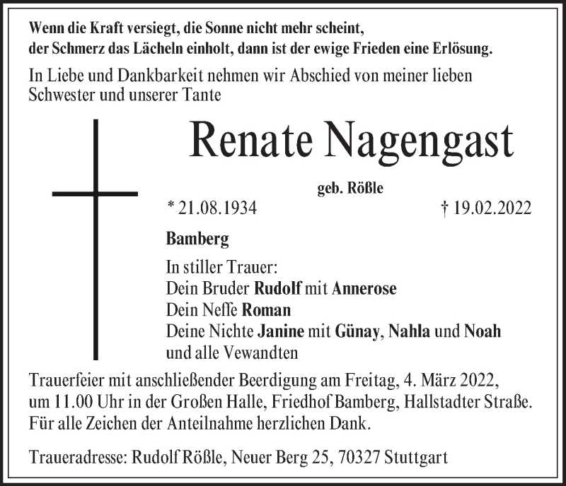  Traueranzeige für Renate Nagengast vom 26.02.2022 aus MGO