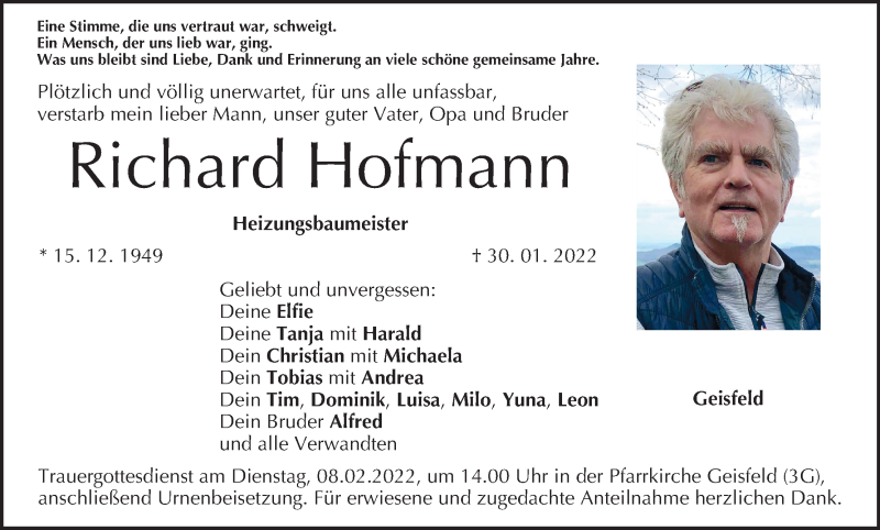  Traueranzeige für Richard Hofmann vom 05.02.2022 aus MGO