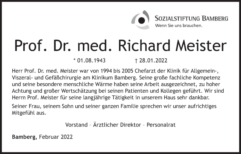  Traueranzeige für Richard Meister vom 05.02.2022 aus MGO