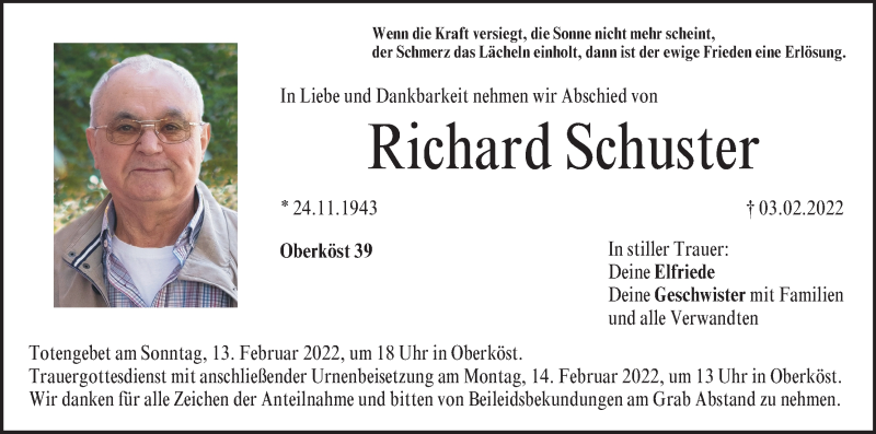  Traueranzeige für Richard Schuster vom 12.02.2022 aus MGO