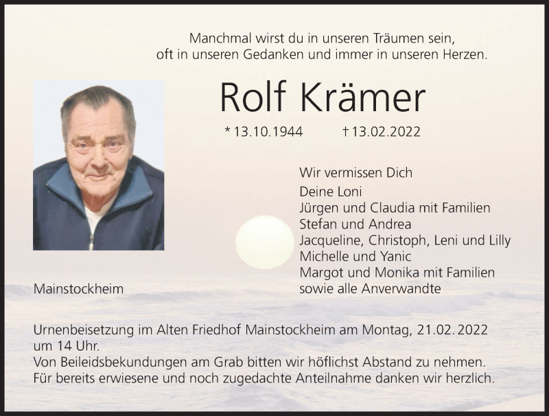  Traueranzeige für Rolf Krämer vom 18.02.2022 aus MGO