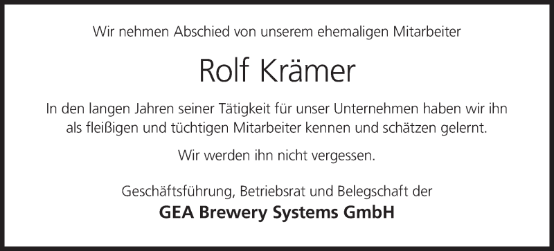 Traueranzeige für Rolf Krämer vom 21.02.2022 aus MGO
