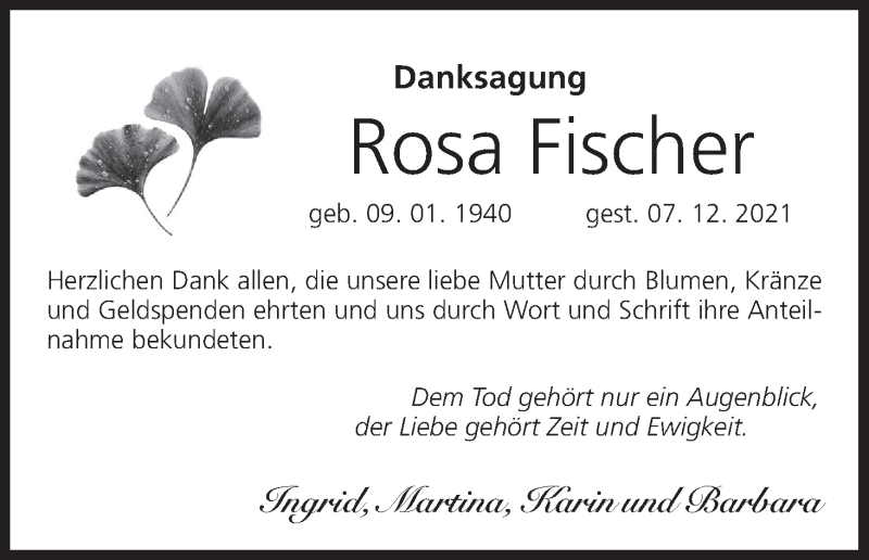  Traueranzeige für Rosa Fischer vom 12.02.2022 aus MGO