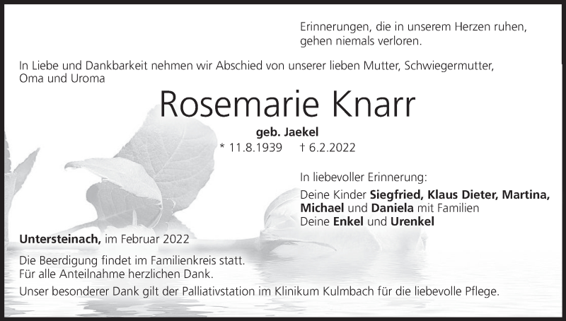  Traueranzeige für Rosemarie Knarr vom 09.02.2022 aus MGO
