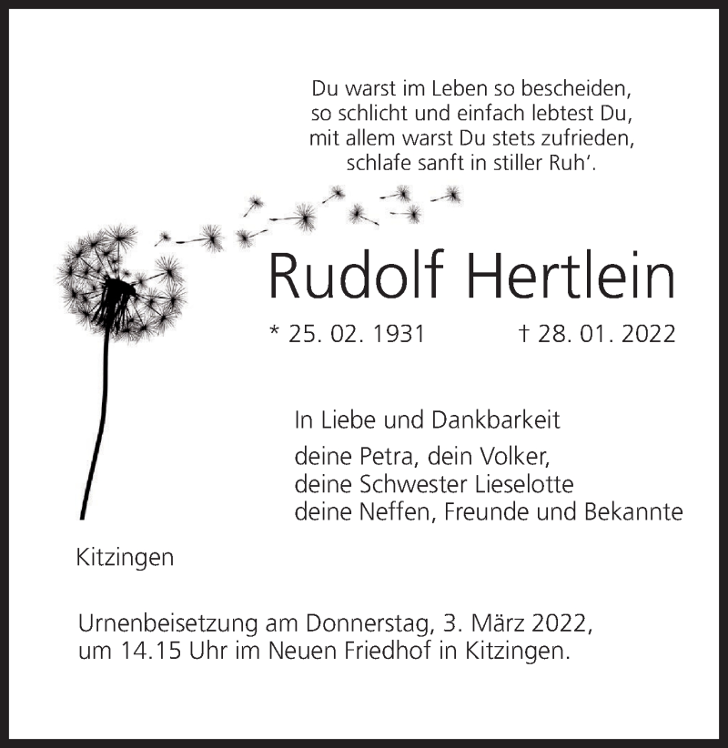  Traueranzeige für Rudolf Hertlein vom 26.02.2022 aus MGO