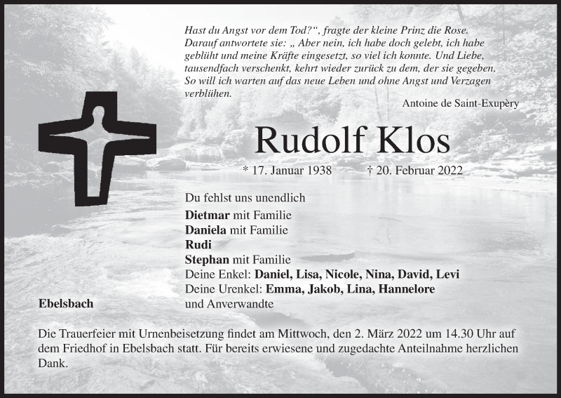  Traueranzeige für Rudolf Klos vom 26.02.2022 aus MGO