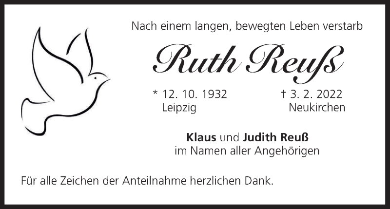  Traueranzeige für Ruth Reuß vom 19.02.2022 aus MGO