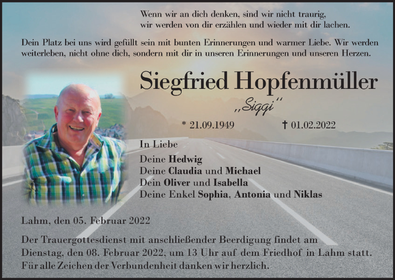  Traueranzeige für Siegfried Hopfenmüller vom 05.02.2022 aus MGO