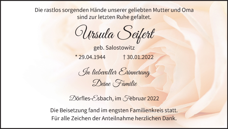  Traueranzeige für Ursula Seifert vom 12.02.2022 aus MGO