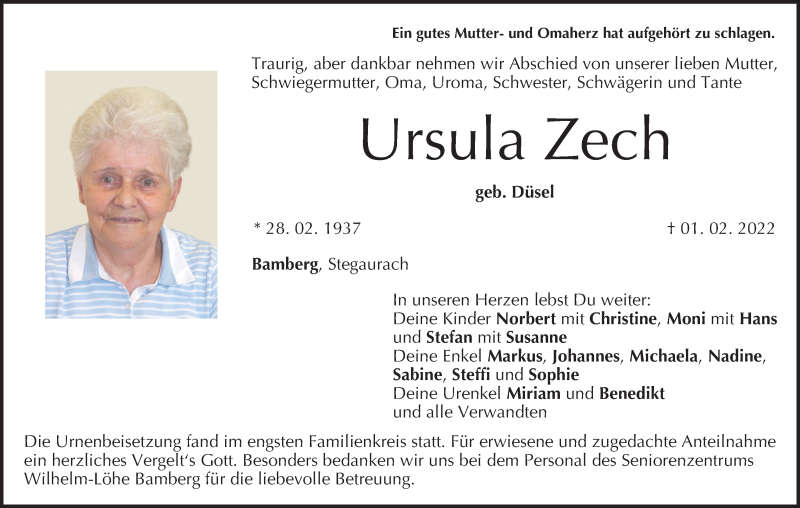  Traueranzeige für Ursula Zech vom 19.02.2022 aus MGO