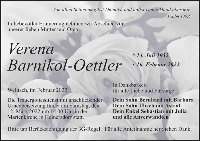  Traueranzeige für Verena Barnikol-Ottler vom 26.02.2022 aus MGO