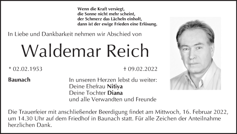  Traueranzeige für Waldemar Reich vom 12.02.2022 aus MGO
