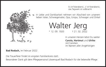 Anzeige von Walter Jerg von MGO