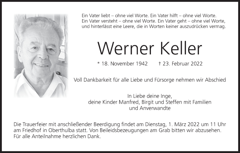  Traueranzeige für Werner Keller vom 26.02.2022 aus MGO