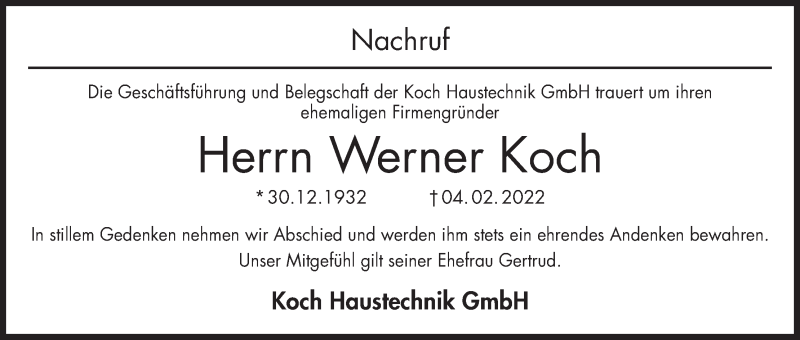  Traueranzeige für Werner Koch vom 15.02.2022 aus MGO
