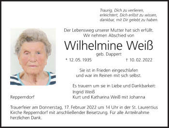 Anzeige von Wilhelmine Weiß von MGO