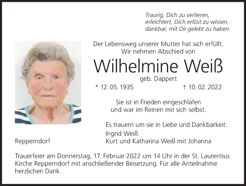  Traueranzeige für Wilhelmine Weiß vom 12.02.2022 aus MGO