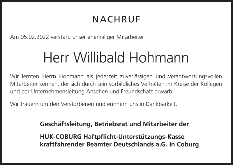  Traueranzeige für Willibald Hohmann vom 14.02.2022 aus MGO