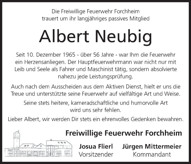  Traueranzeige für Albert Neubig vom 17.03.2022 aus MGO
