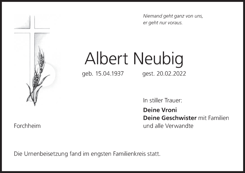  Traueranzeige für Albert Neubig vom 12.03.2022 aus MGO
