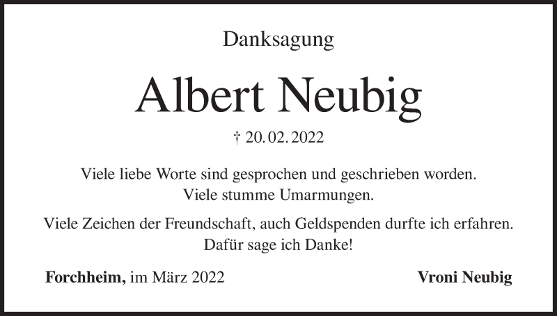  Traueranzeige für Albert Neubig vom 26.03.2022 aus MGO