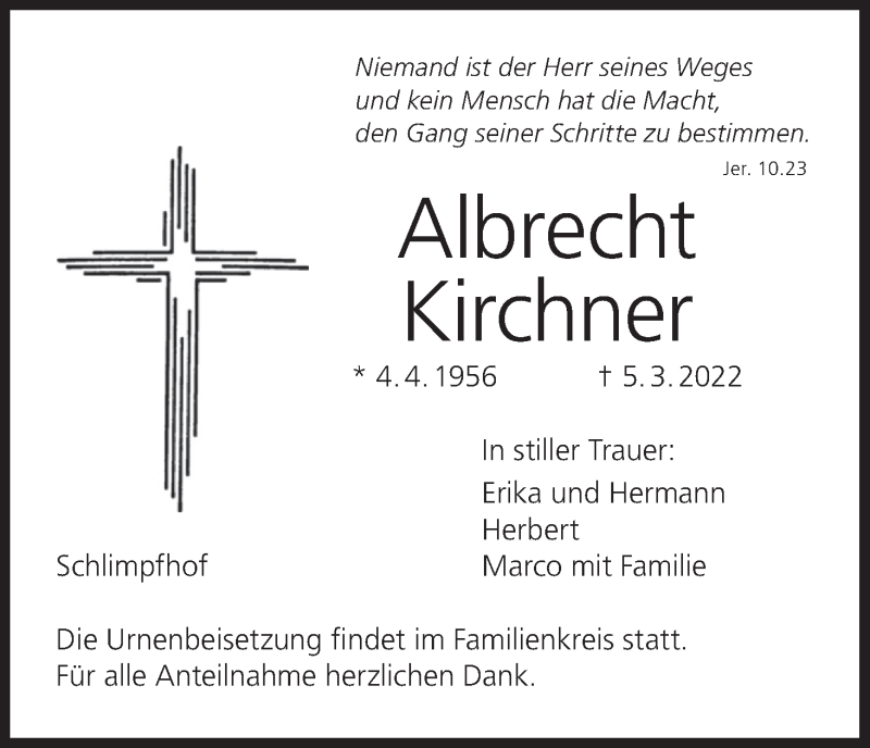  Traueranzeige für Albrecht Kirchner vom 12.03.2022 aus MGO