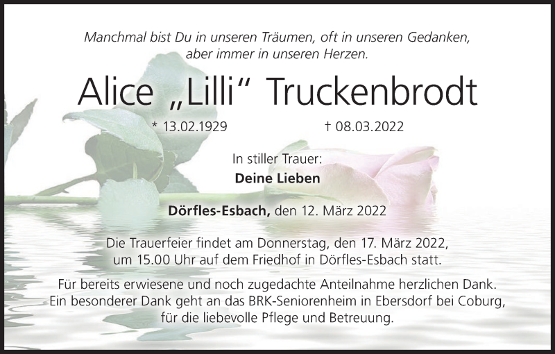  Traueranzeige für Alice Truckenbrodt vom 12.03.2022 aus MGO