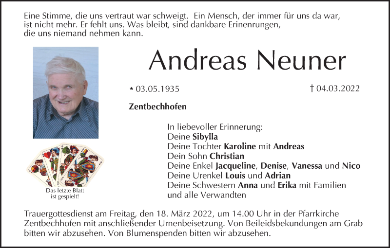  Traueranzeige für Andreas Neuner vom 12.03.2022 aus MGO