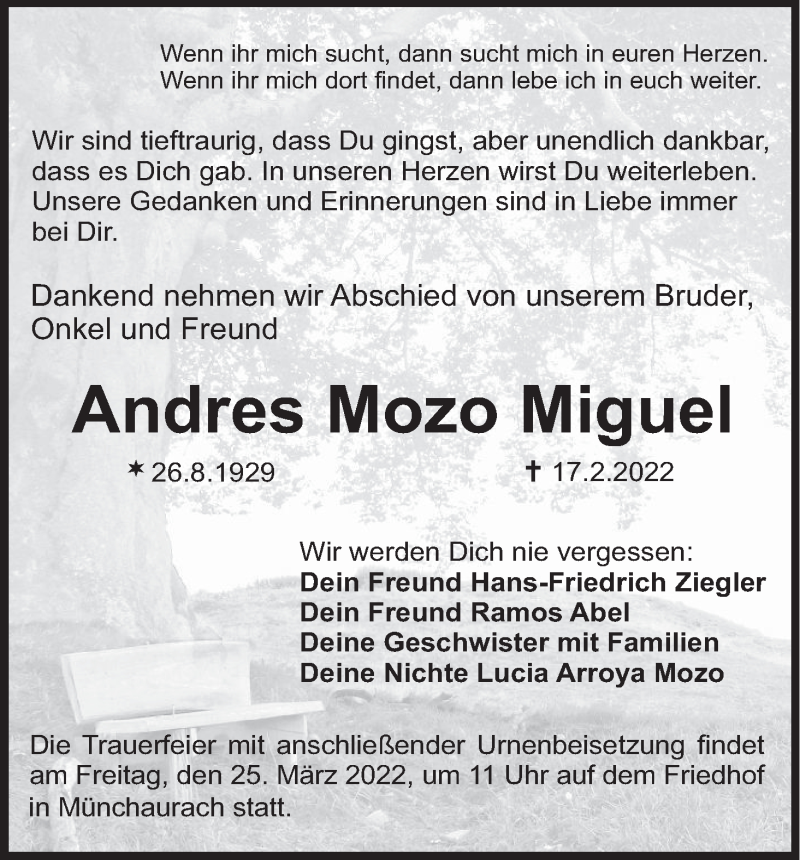  Traueranzeige für Andres Mozo Miguel vom 12.03.2022 aus MGO