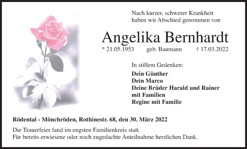  Traueranzeige für Angelika Bernhardt vom 30.03.2022 aus MGO
