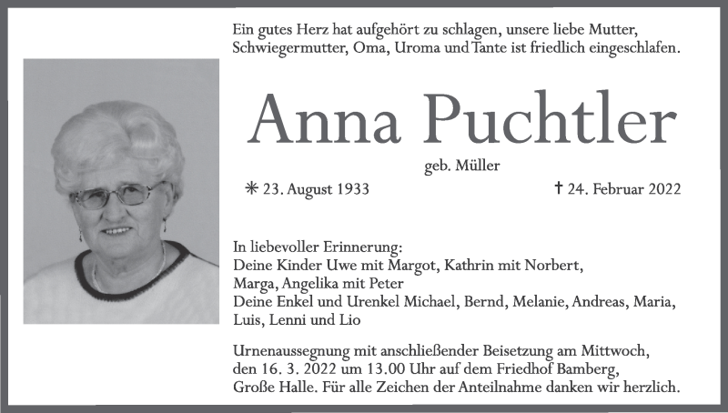  Traueranzeige für Anna Puchtler vom 12.03.2022 aus MGO