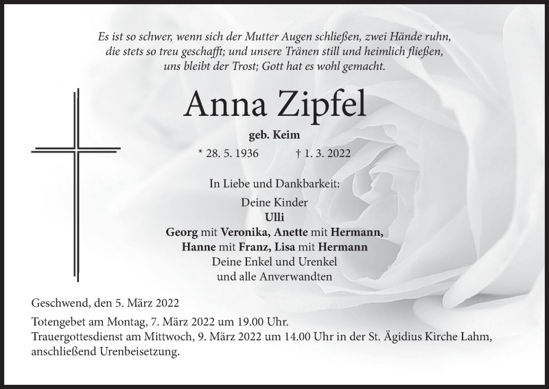  Traueranzeige für Anna Zipfel vom 05.03.2022 aus MGO