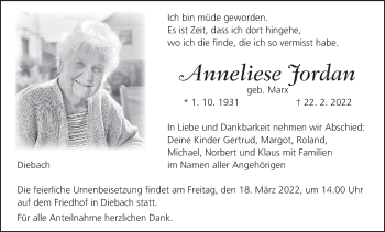 Anzeige von Anneliese Jordan von MGO